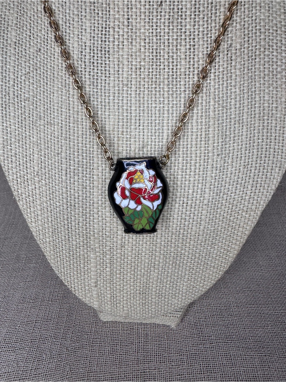 VTG Cloisonne Enamel Miniature Vase Pendant Necklace Black Peony Charm